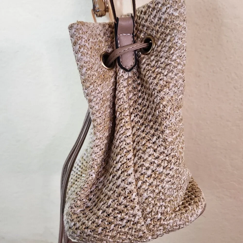 Cream Shoulder Bucket Bag Straw Rafia Leather Drawstring Hobo Beach Bamboo‎ Boho